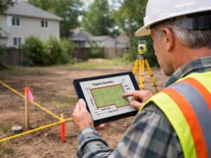 Land surveyor reviewing property boundaries during a residential land survey cost evaluation