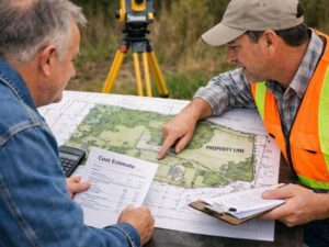 Property owner reviewing a property survey cost estimate and boundary map with a land surveyor